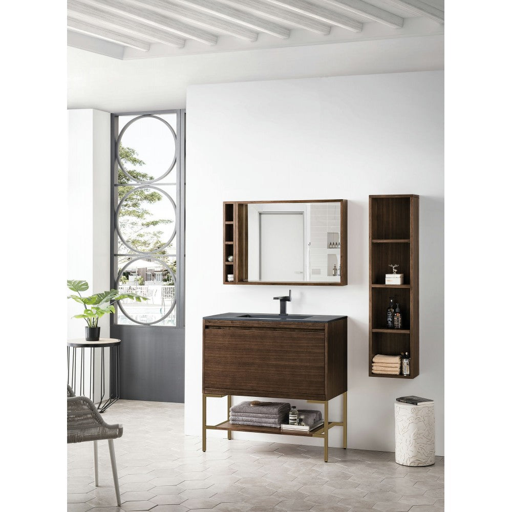 Milan 35.4" Single Vanity Mid Century Walnut Radiant Gold w/ Black Composite Top