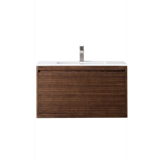 Milan 35.4" Single Vanity, Mid Century Walnut w/Glossy White Composite Top