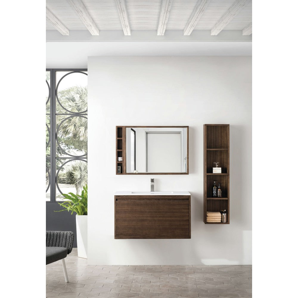 Milan 35.4" Single Vanity, Mid Century Walnut w/Glossy White Composite Top