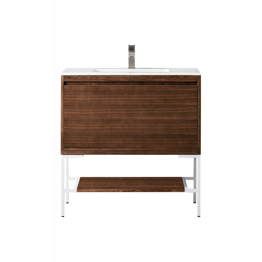 Milan 35.4" Single Vanity Mid Century Walnut  White w/ White Composite Top