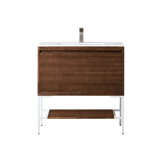 Milan 35.4" Single Vanity Mid Century Walnut  White w/ White Composite Top