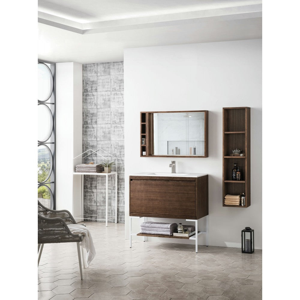 Milan 35.4" Single Vanity Mid Century Walnut  White w/ White Composite Top