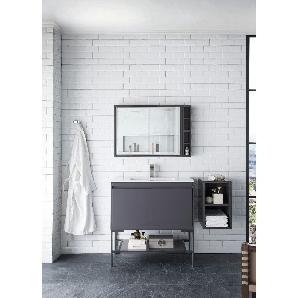 Milan 35.4" Single Vanity Modern Gray Glossy Black w/Glossy White Composite Top