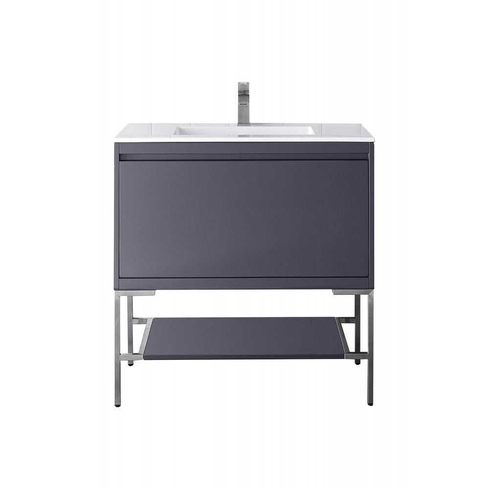 Milan 35.4" Single Vanity Modern Gray Glossy Nickel w/Glossy White Composite Top
