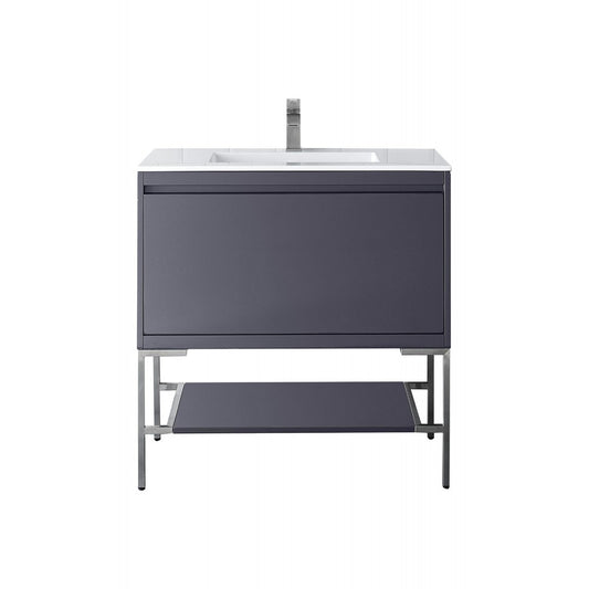 Milan 35.4" Single Vanity Modern Gray Glossy Nickel w/Glossy White Composite Top