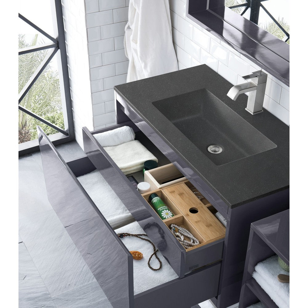 Milan 35.4" Single Vanity, Modern Gray Glossy w/Charcoal Black Composite Top