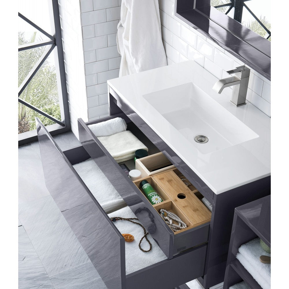 Milan 35.4" Single Vanity, Modern Gray Glossy w/Glossy White Composite Top