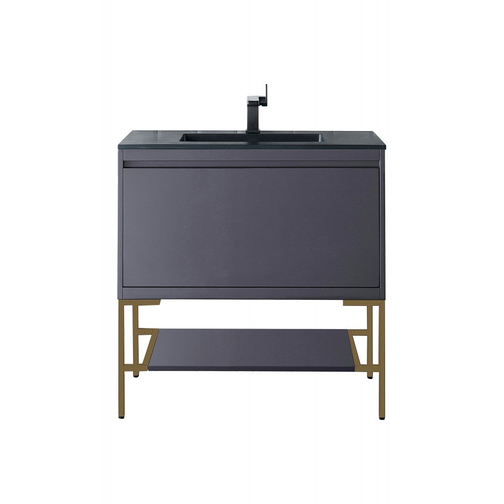 Milan 35.4" Single Vanity Modern Gray Radiant Gold, Charcoal Black Composite Top