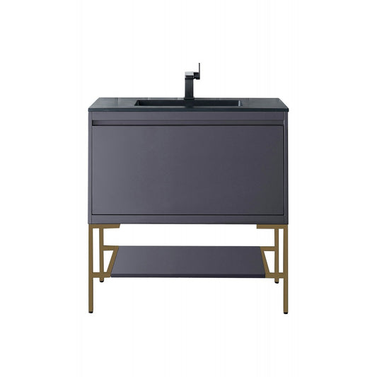 Milan 35.4" Single Vanity Modern Gray Radiant Gold, Charcoal Black Composite Top
