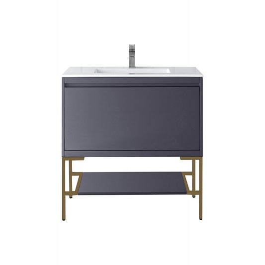 Milan 35.4" Single Vanity Modern Gray  Radiant Gold w/ White Composite Top