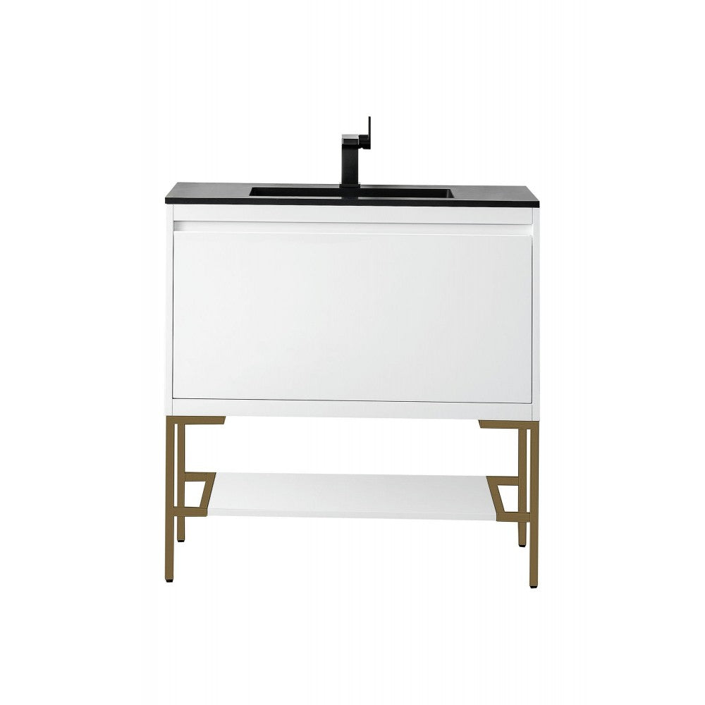 Milan 35.4" Single Vanity  White Radiant Gold w/Charcoal Black Composite Top
