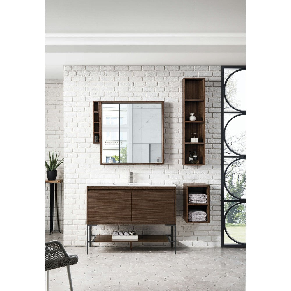 Milan 47.3" Single Vanity Mid Century Walnut Black w/Glossy White Composite Top