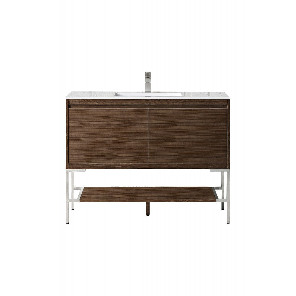 Milan 47.3" Single Vanity Mid Century Walnut Nickel w/Glossy White Composite Top