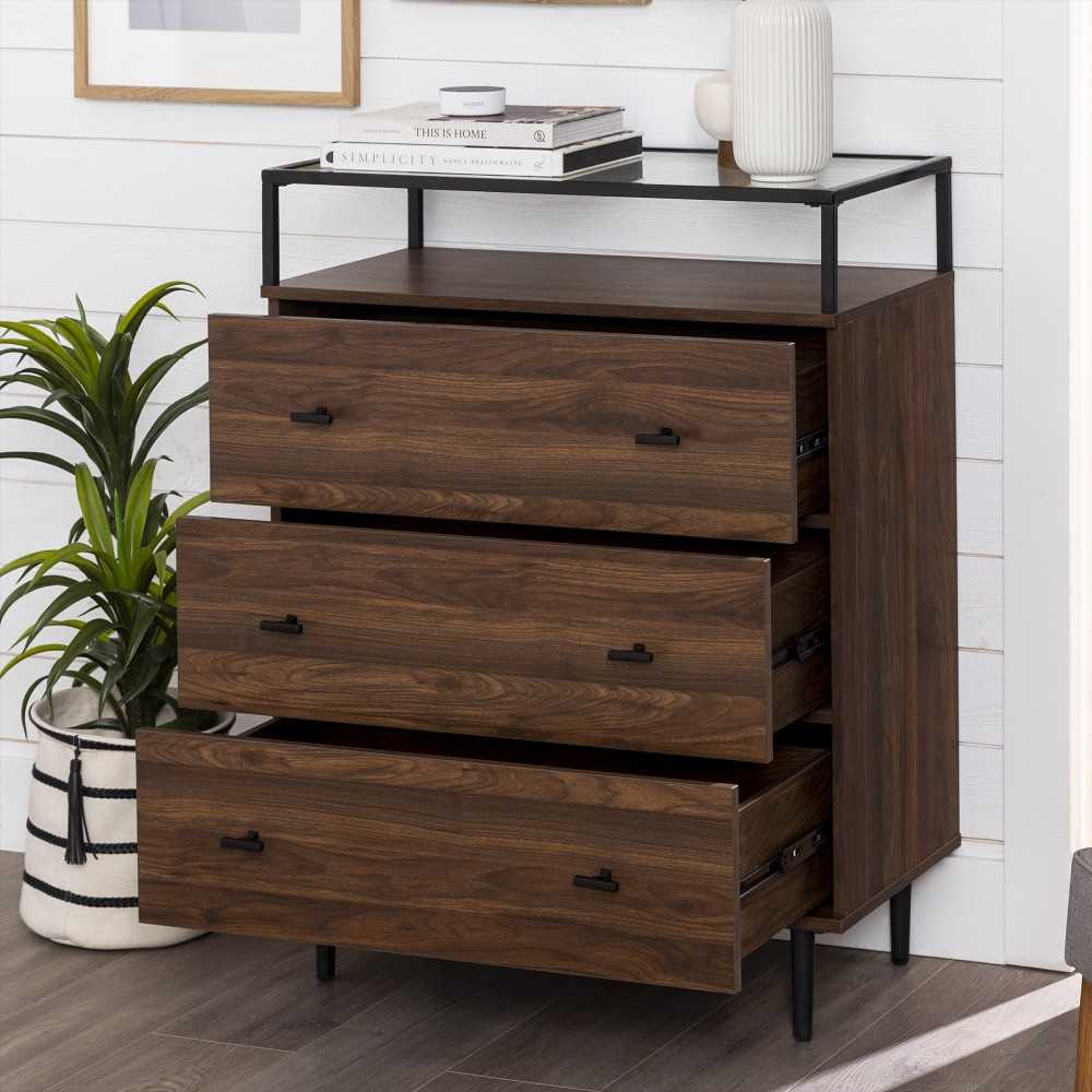 Miller Modern Glass Top 3 Drawer Accent Console - Dark Walnut