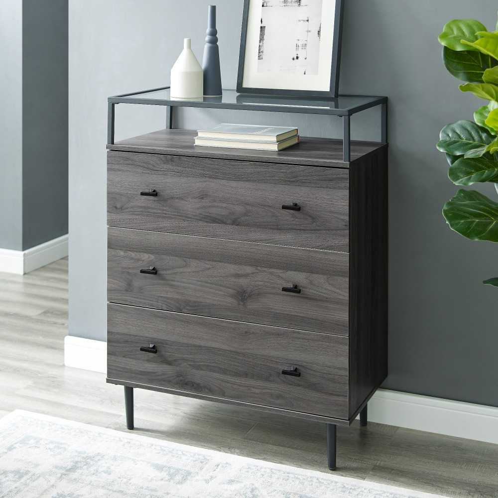 Miller Modern Glass Top 3 Drawer Accent Console - Slate Gray