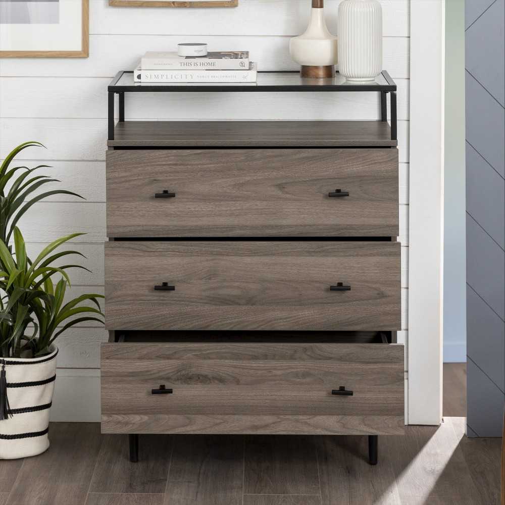 Miller Modern Glass Top 3 Drawer Accent Console - Slate Gray