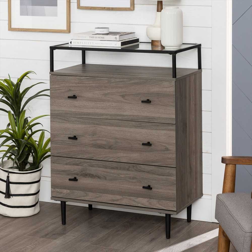 Miller Modern Glass Top 3 Drawer Accent Console - Slate Gray