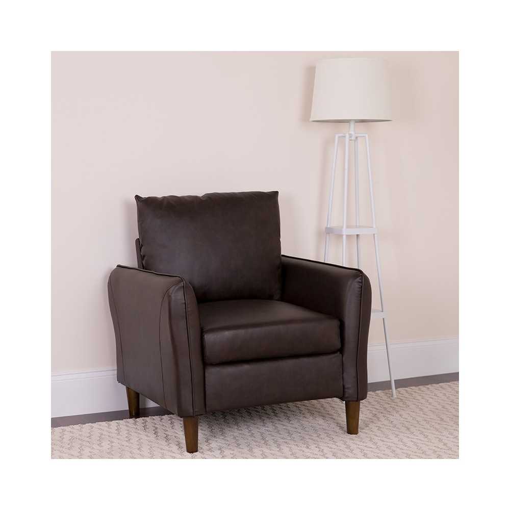 Milton Park Upholstered Plush Pillow Back Arm Chair in Brown LeatherSoft