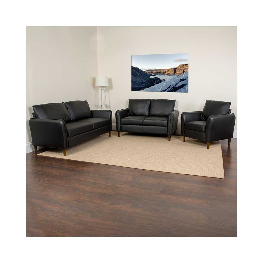 Milton Park Upholstered Plush Pillow Back Chair, Loveseat and Sofa Set in Black LeatherSoft