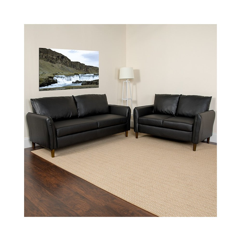 Milton Park Upholstered Plush Pillow Back Loveseat and Sofa Set in Black LeatherSoft