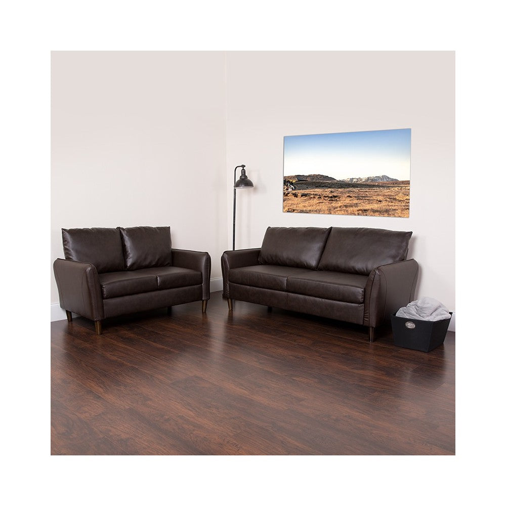 Milton Park Upholstered Plush Pillow Back Loveseat and Sofa Set in Brown LeatherSoft