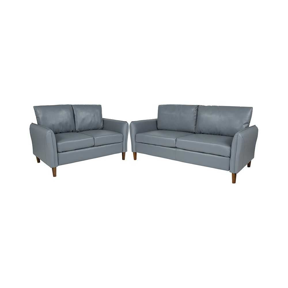 Milton Park Upholstered Plush Pillow Back Loveseat and Sofa Set in Gray LeatherSoft