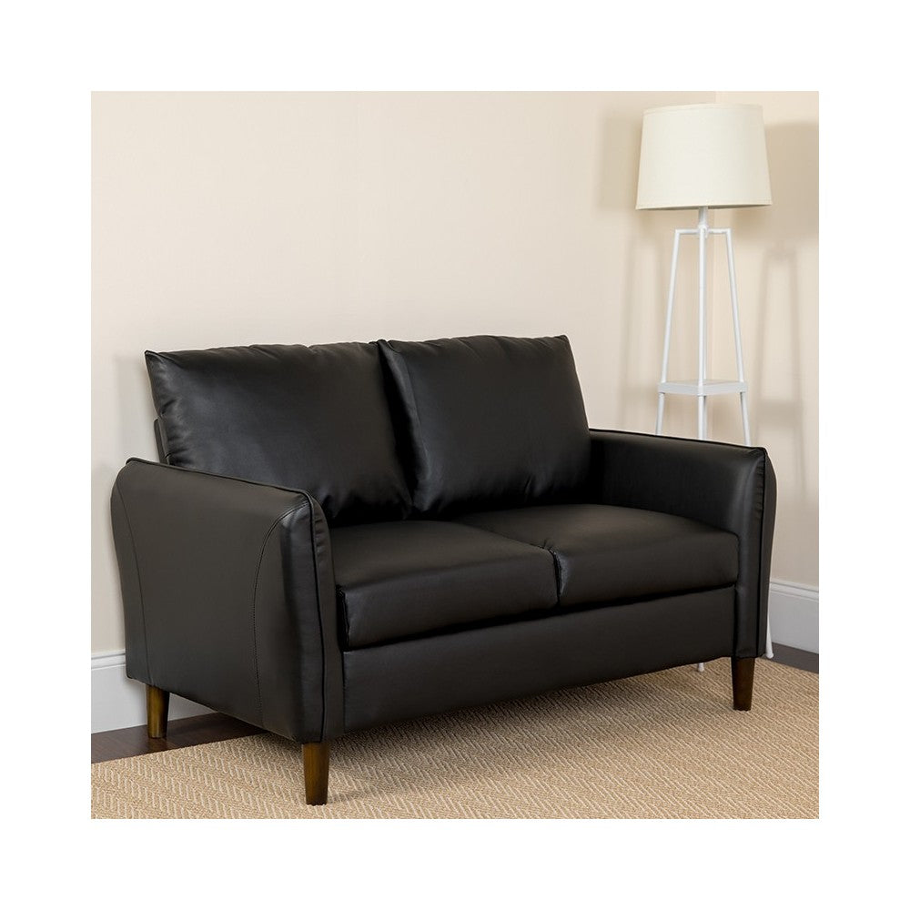 Milton Park Upholstered Plush Pillow Back Loveseat in Black LeatherSoft