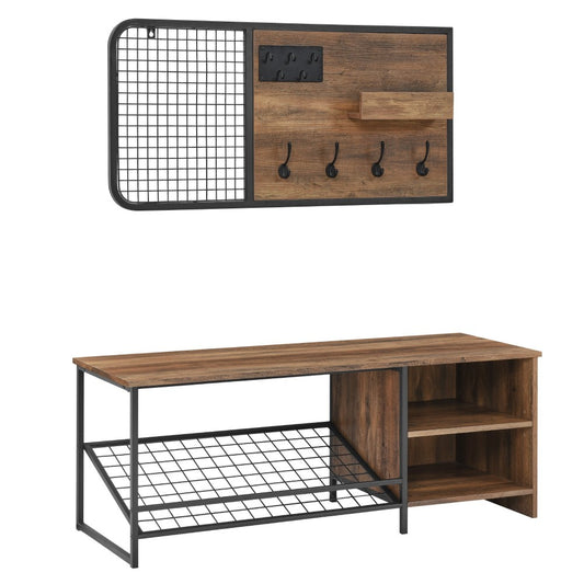 Modern Entry Bench with Shoe Storage and Wall Organizer Set - Rustic Oak