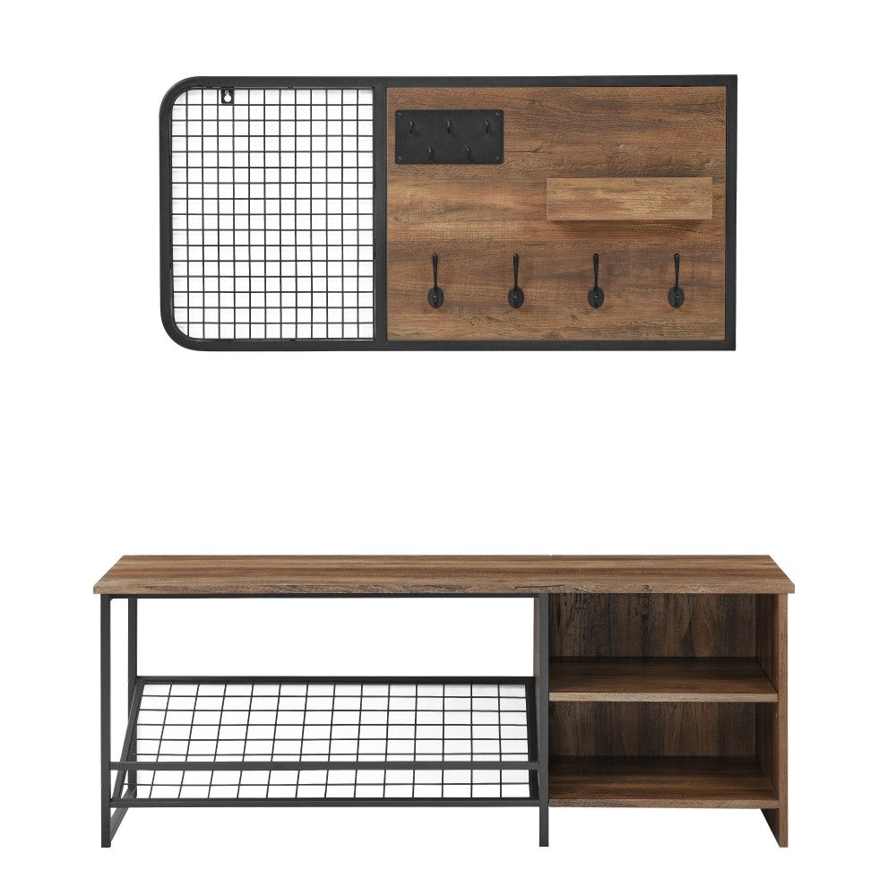 Modern Entry Bench with Shoe Storage and Wall Organizer Set - Rustic Oak