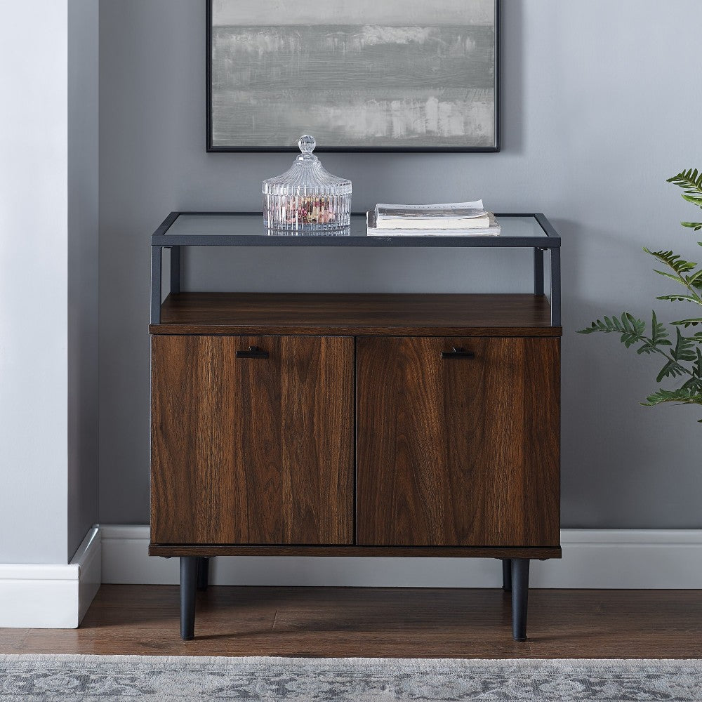 Modern Glass Top 2-Door Nightstand - Dark Walnut