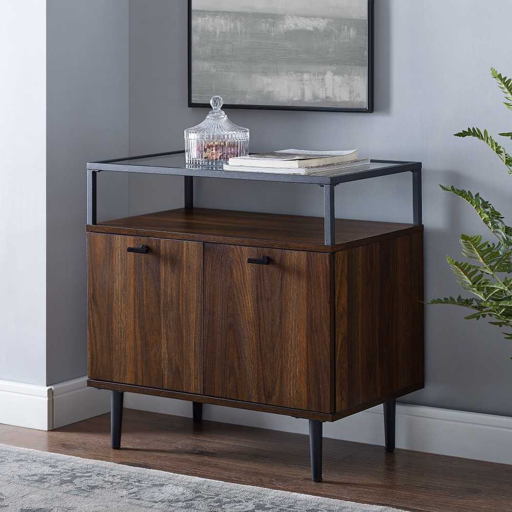 Modern Glass Top 2-Door Nightstand - Dark Walnut