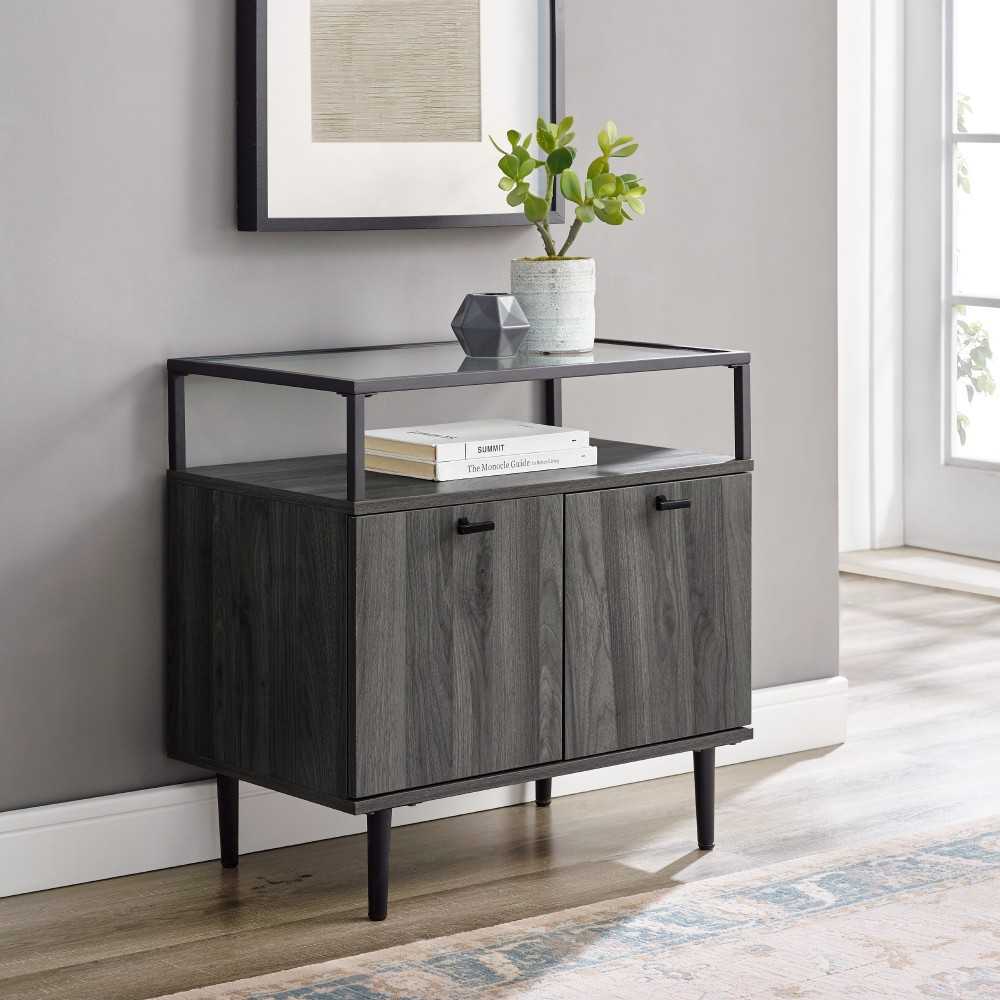 Modern Glass Top 2-Door Nightstand - Slate Gray