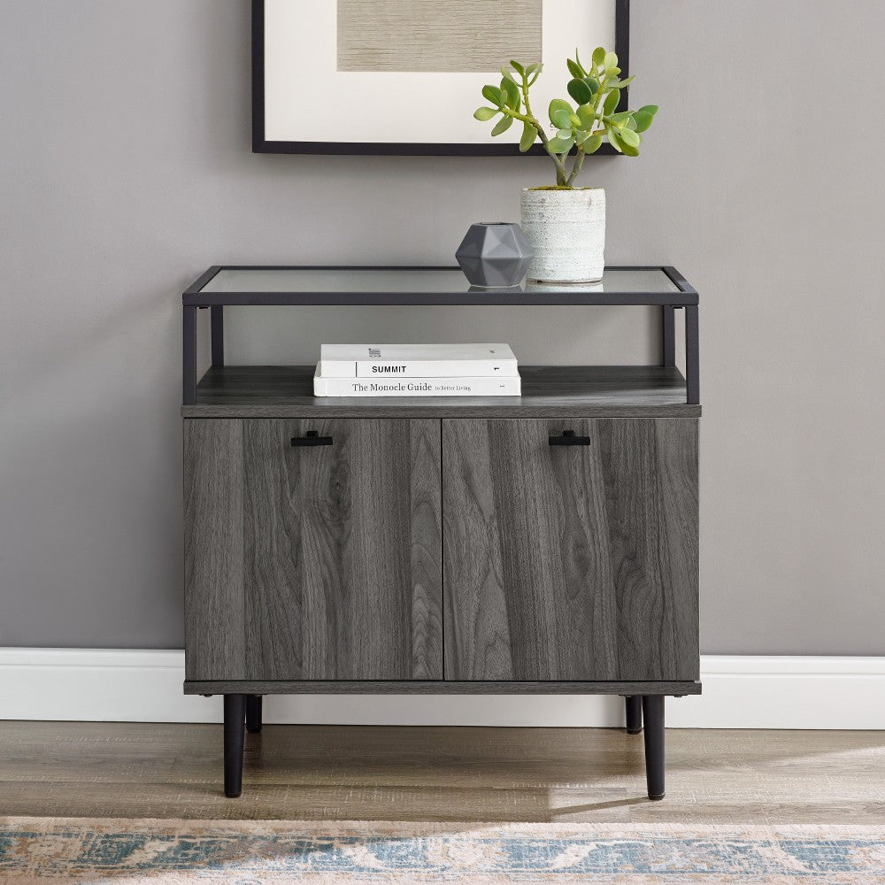 Modern Glass Top 2-Door Nightstand - Slate Gray