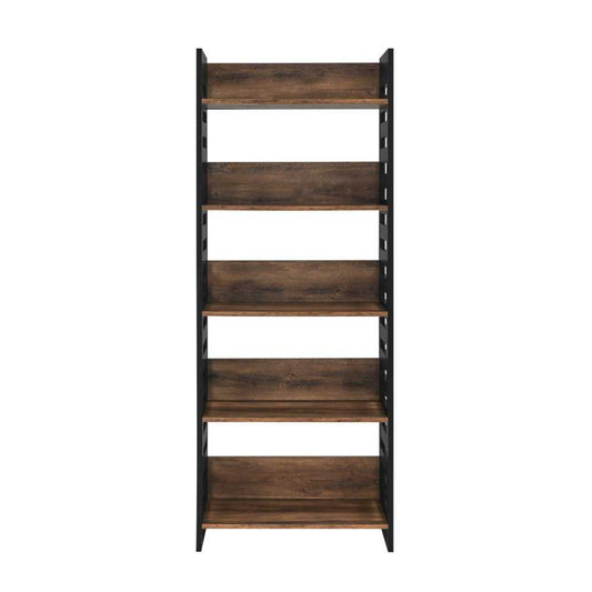Modern Slat-Side 5 Shelf Bookcase - Solid Black and Rustic Oak