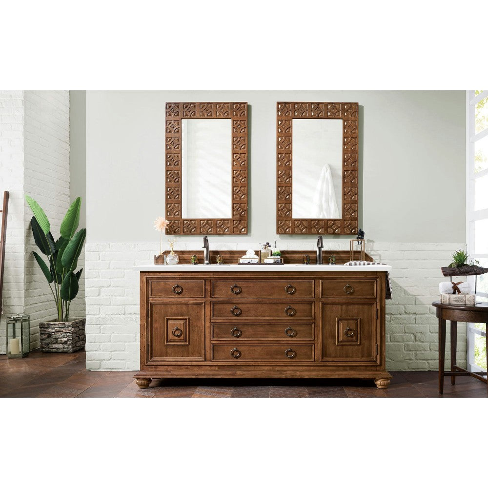 Mykonos 72" Double Vanity Cabinet, Cinnamon, w/ 3 CM Classic White Quartz Top
