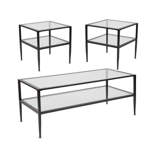 Newport Collection 3 Piece Coffee and End Table Set with Glass Tops and Black Metal Frames