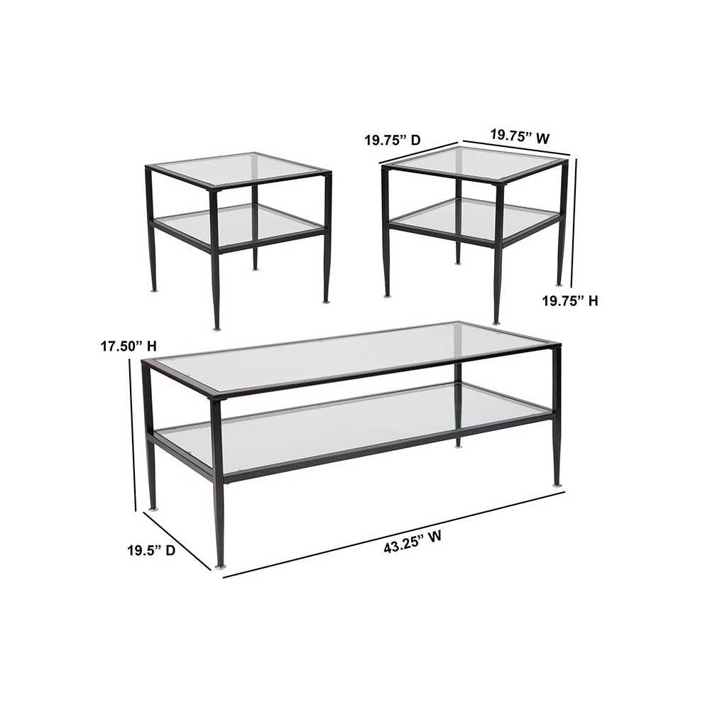 Newport Collection 3 Piece Coffee and End Table Set with Glass Tops and Black Metal Frames