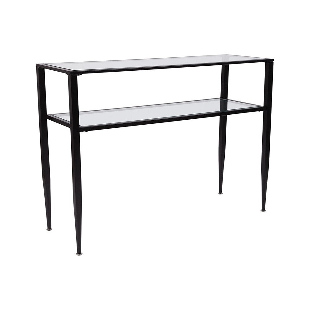 Newport Collection Glass Console Table with Shelves and Black Metal Frame