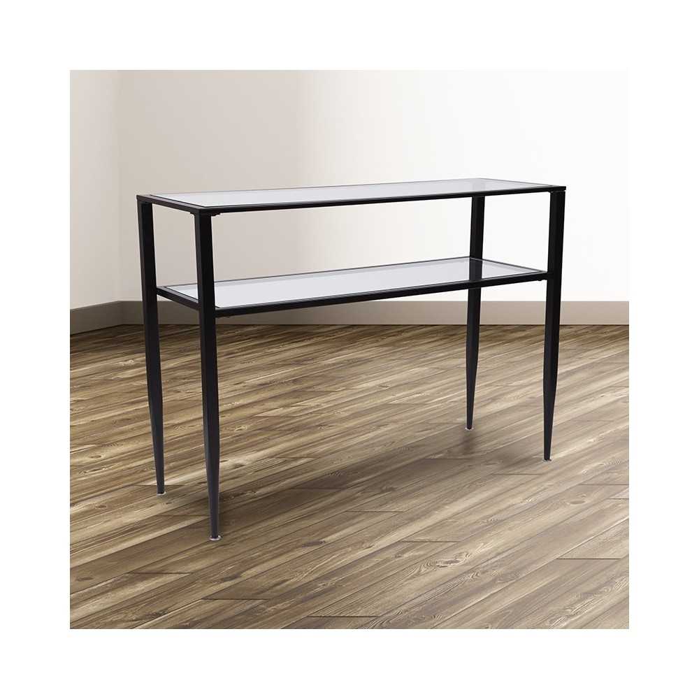 Newport Collection Glass Console Table with Shelves and Black Metal Frame