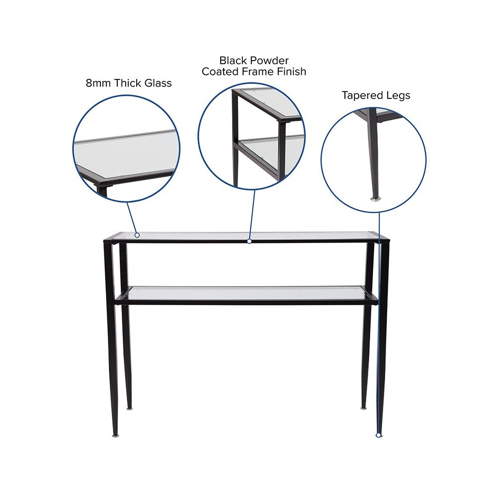 Newport Collection Glass Console Table with Shelves and Black Metal Frame