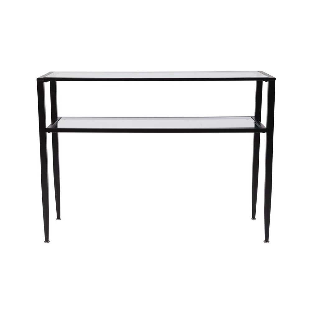 Newport Collection Glass Console Table with Shelves and Black Metal Frame