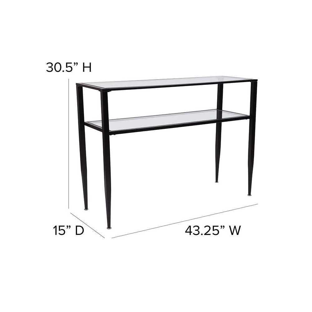 Newport Collection Glass Console Table with Shelves and Black Metal Frame