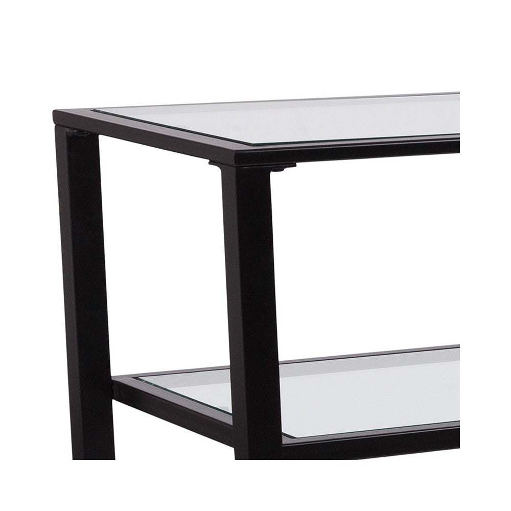 Newport Collection Glass Console Table with Shelves and Black Metal Frame