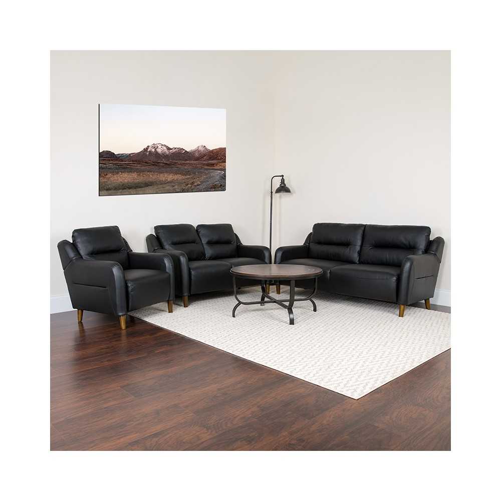Newton Hill Upholstered Bustle Back Chair, Loveseat and Sofa Set in Black LeatherSoft