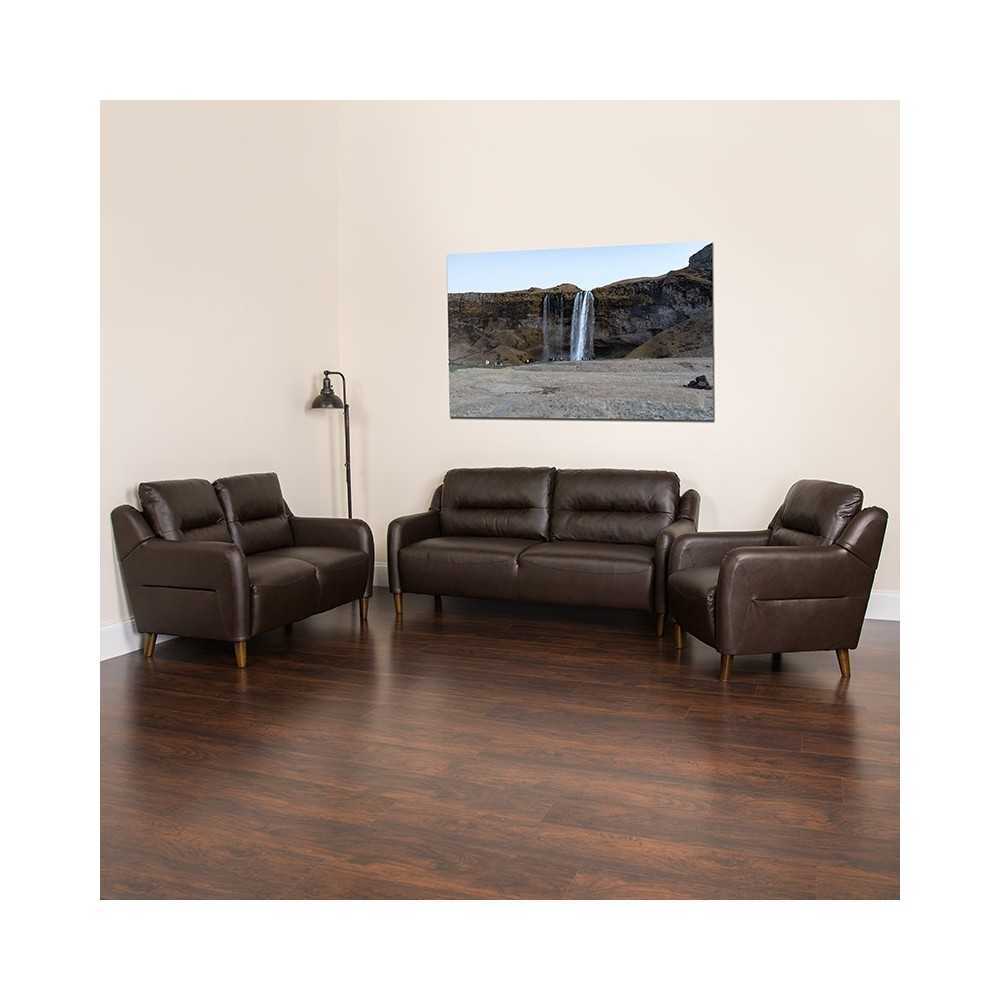 Newton Hill Upholstered Bustle Back Chair, Loveseat and Sofa Set in Brown LeatherSoft