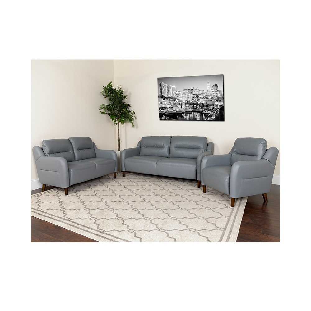 Newton Hill Upholstered Bustle Back Chair, Loveseat and Sofa Set in Gray LeatherSoft