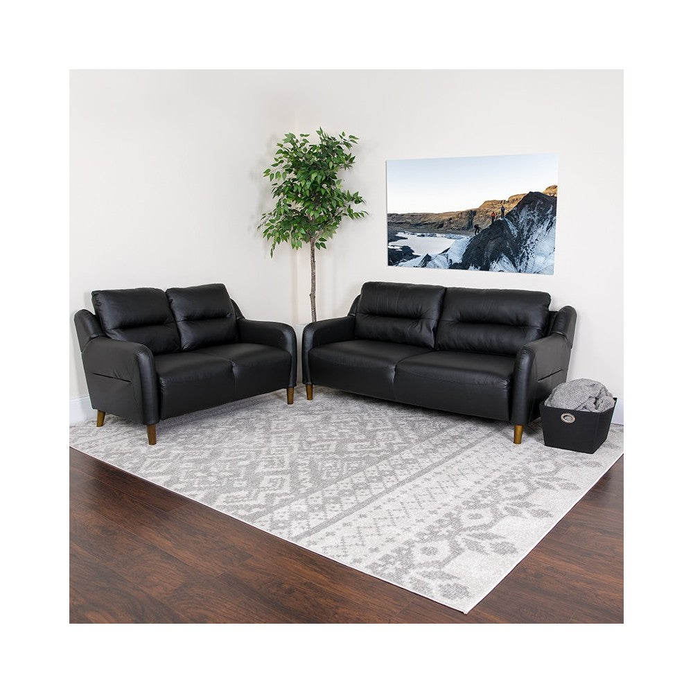 Newton Hill Upholstered Bustle Back Loveseat and Sofa Set in Black LeatherSoft