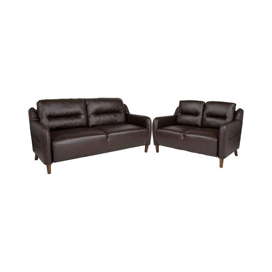 Newton Hill Upholstered Bustle Back Loveseat and Sofa Set in Brown LeatherSoft