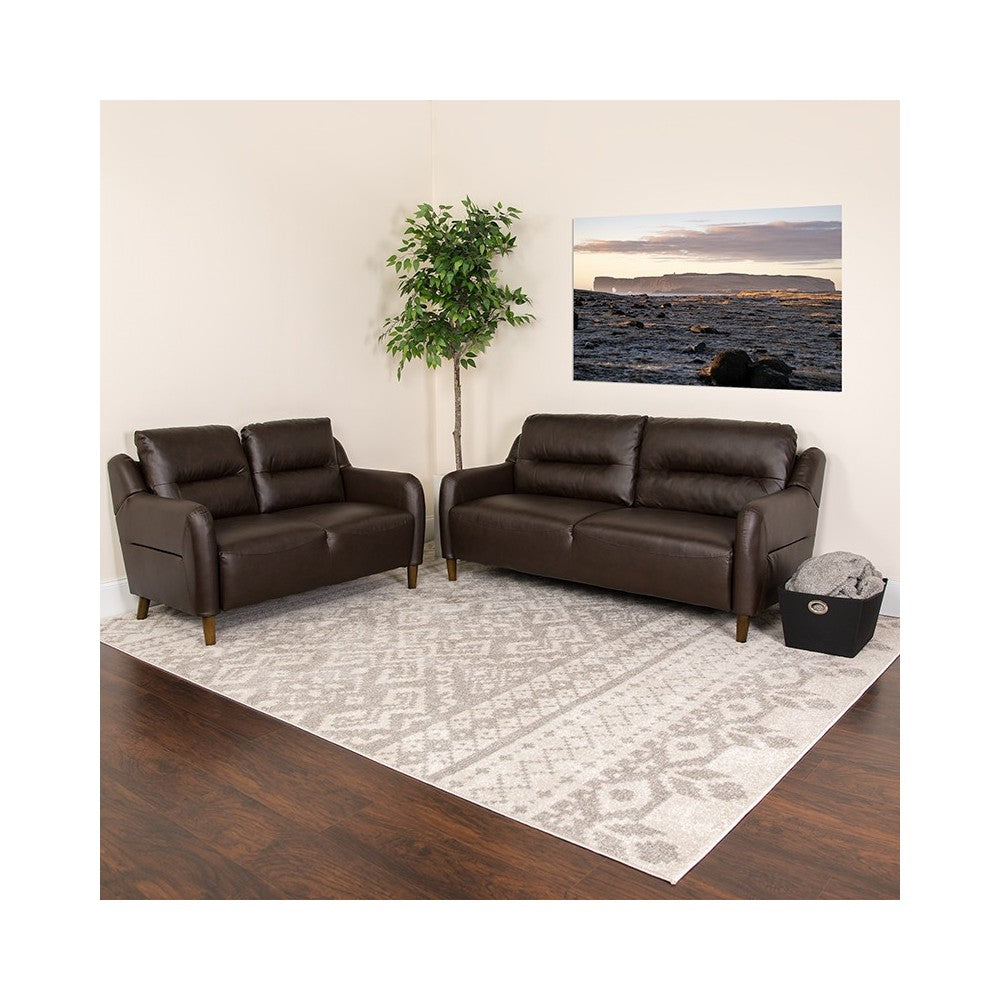 Newton Hill Upholstered Bustle Back Loveseat and Sofa Set in Brown LeatherSoft