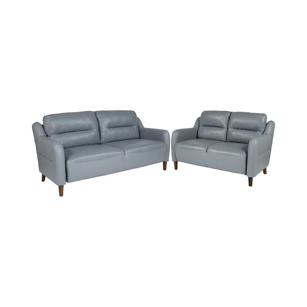 Newton Hill Upholstered Bustle Back Loveseat and Sofa Set in Gray LeatherSoft